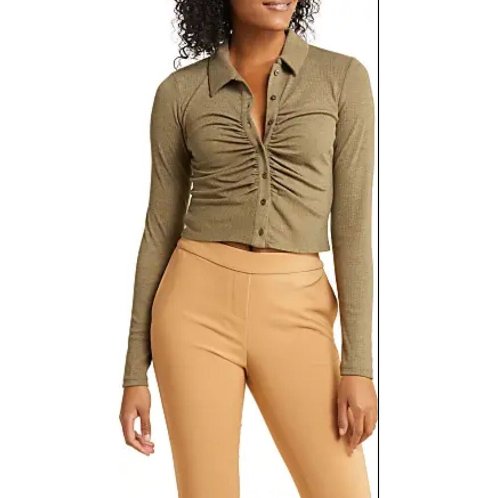 Calvin Klein Button Down Cropped Shirt Women's Size M New Green